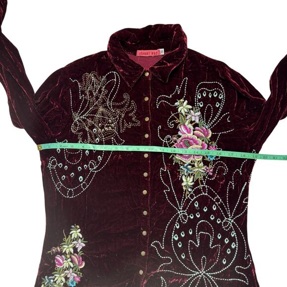 JOHNNY WAS Burgundy Red Floral Embroidered Snap Front Top Size Small Womens - Picture 8 of 10